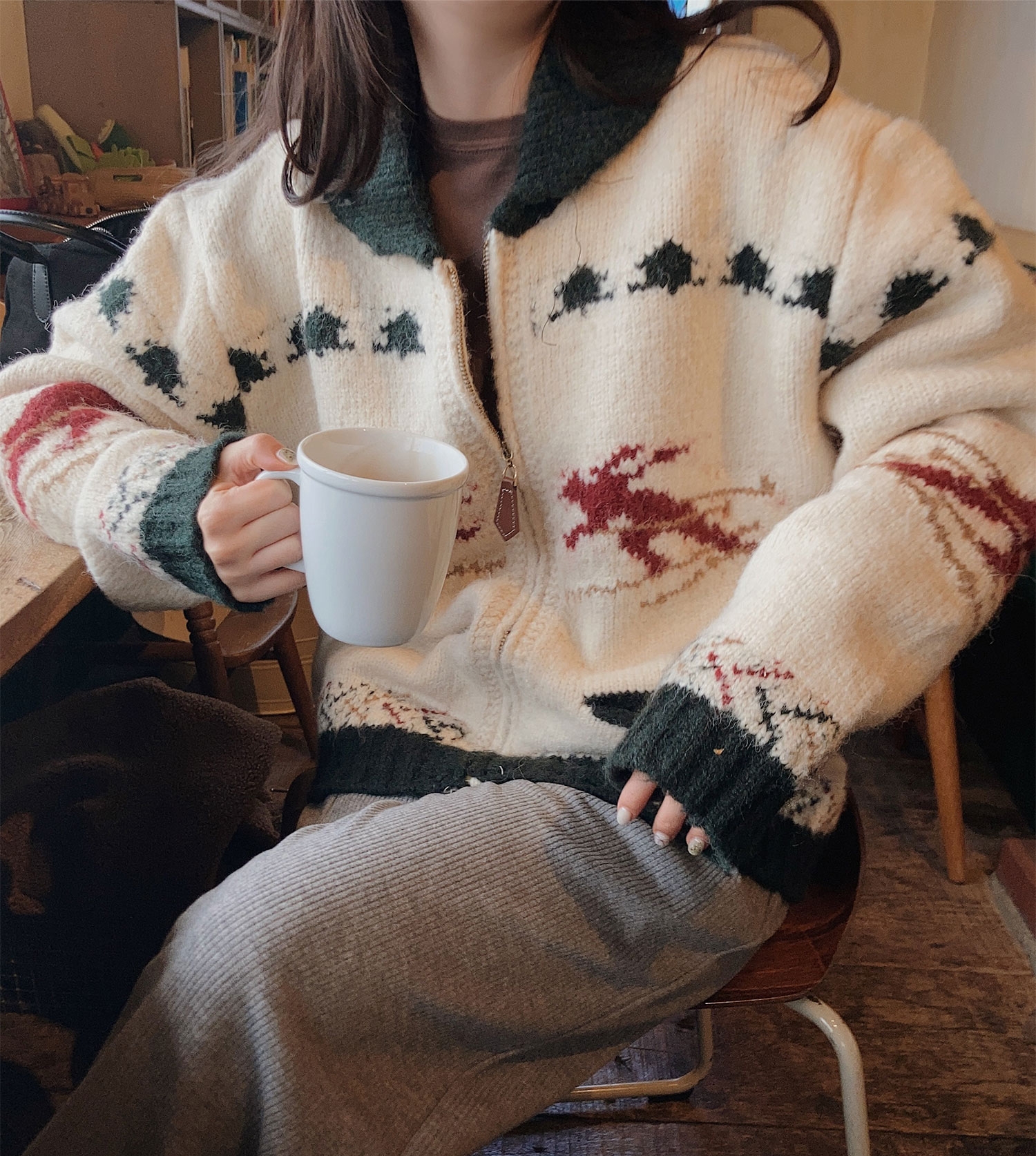 INS韓國東大門！設計款重工聖誕樹滑雪團毛衣開衫加厚拉鏈外套