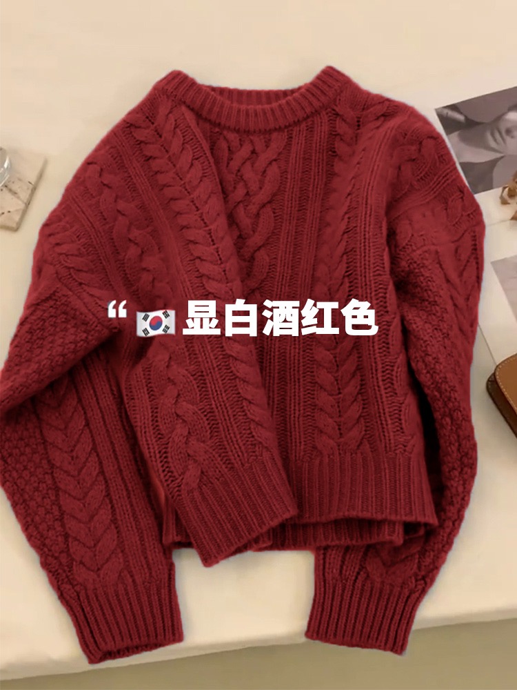 紫色麻花套頭針織毛衣女秋季加厚設計感小眾粗棒針寬鬆慵懶風上衣