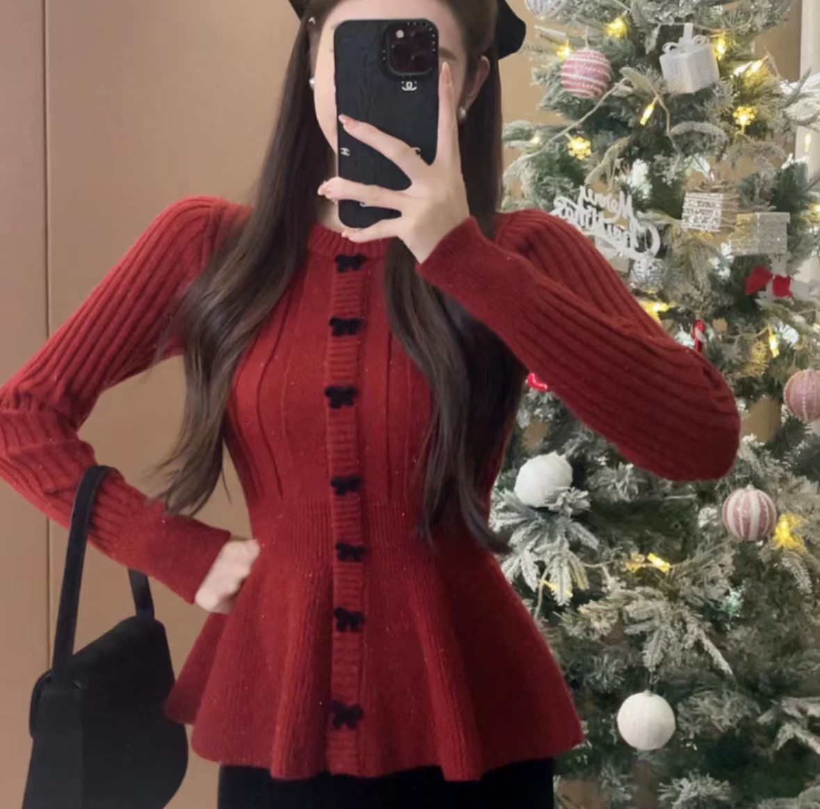 聖誕新年紅小裙擺針織衫女秋冬長袖針織顯瘦氣質亮閃修身針織