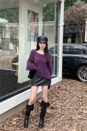Actual shot ~ Plush, soft and waxy imitation mink fur purple off-shoulder sweater autumn and winter new loose knitted top