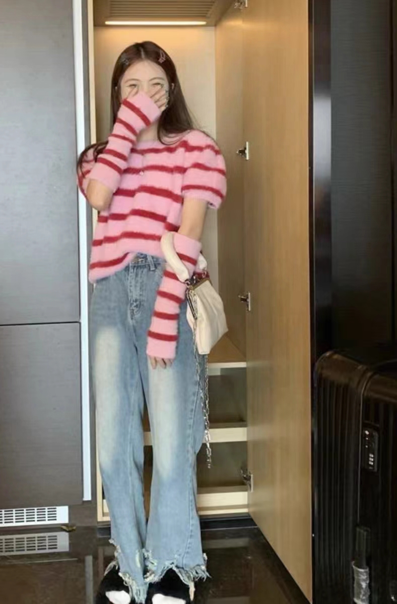 韓系短袖毛衣女設計感小眾袖套上衣秋季寬鬆泡泡袖條紋針織打底衫
