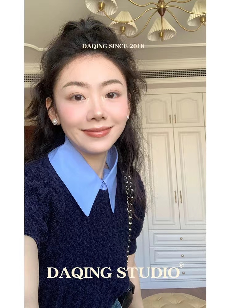 許大晴 復古甜美假兩件針織衫女薄款冰絲短款泡泡袖收腰早春上衣