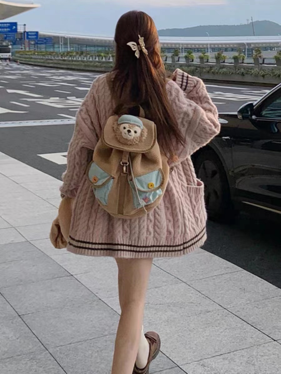 日系慵懶風軟糯粉色麻花大毛衣開衫女秋冬季高級感粗線針織衫外套