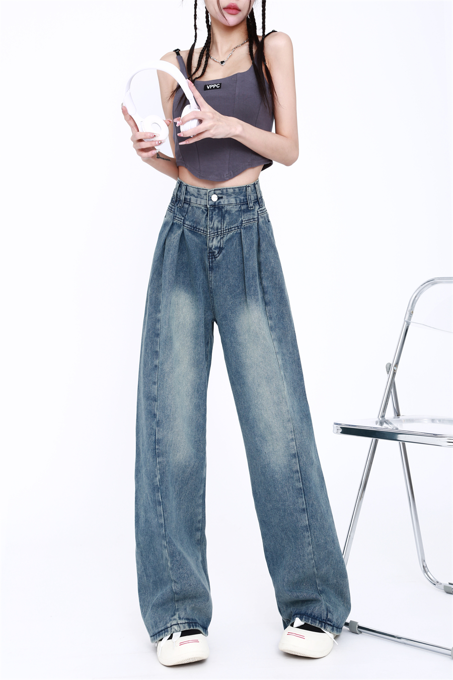 Real shot of 2024 autumn and winter Korean style retro straight jeans with waist and drape MM plus size women's denim wide leg pants