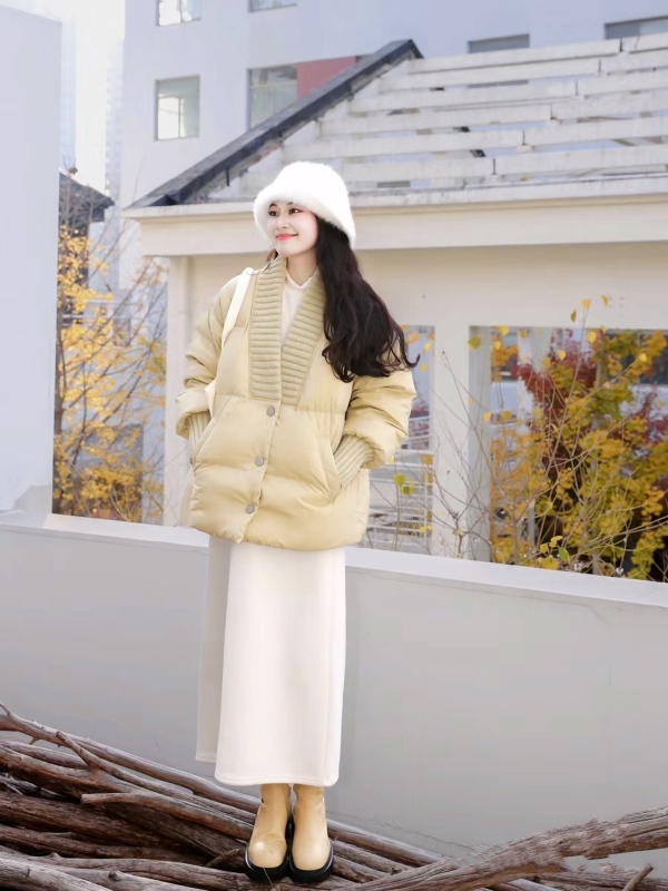 冬季新款韓版寬鬆拼接V領短款羽絨棉服小個子麵包服兩件套裝女