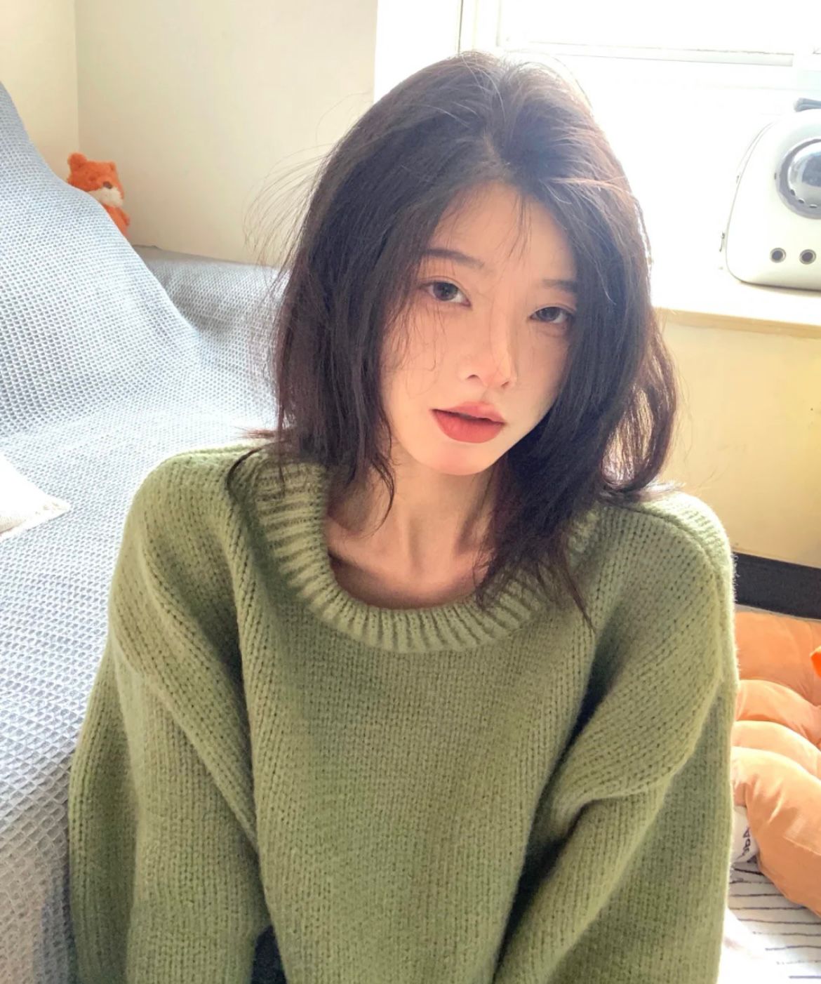 復古綠ins慵懶風圓領套頭毛衣女2024秋冬加厚長袖針織衫上衣潮