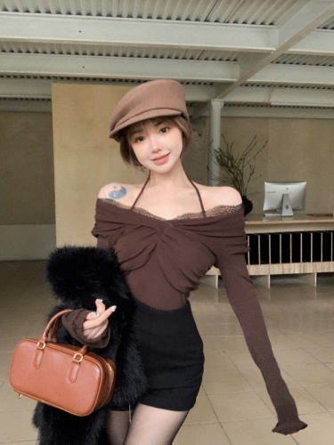 Real shot!  Pure desire one-shoulder pleated lace long-sleeved top bottoming shirt