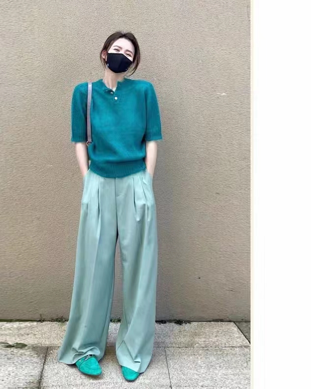 女裝2023夏季新款絕美高級感藍色冰絲針織衫短袖t恤上衣設計小眾