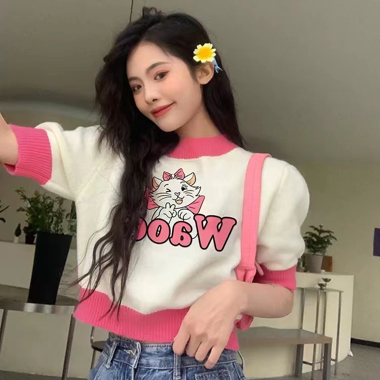 撞色卡通貓咪短袖毛衣女2023早秋新款甜美別致外穿短款針織衫上衣
