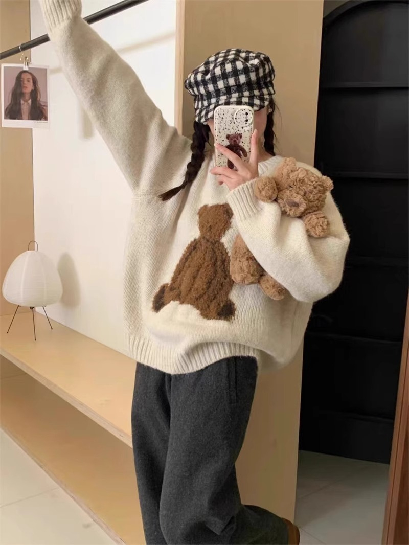 綿羊絨韓系奶fufu可愛寬鬆慵懶風軟糯小熊套頭女毛衣