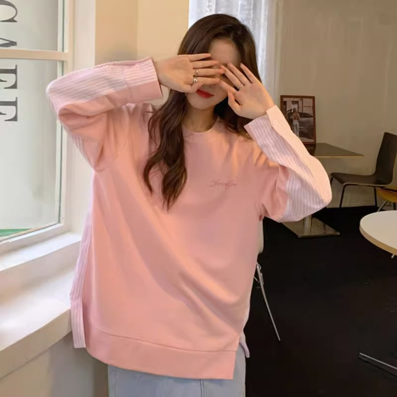 6535棉2024設計感春秋襯衫拼接衛衣女寬鬆慵懶圓領長袖上衣ins潮