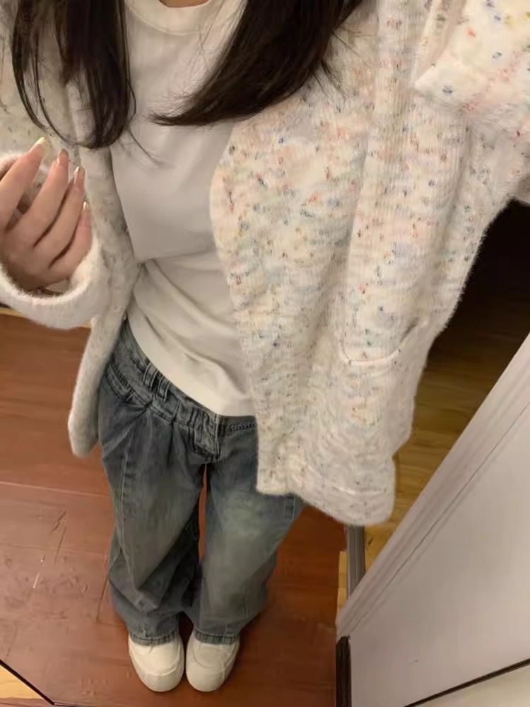 V領針織開衫韓版慵懶風設計彩色點紗女秋冬百搭寬鬆長袖毛衣外套