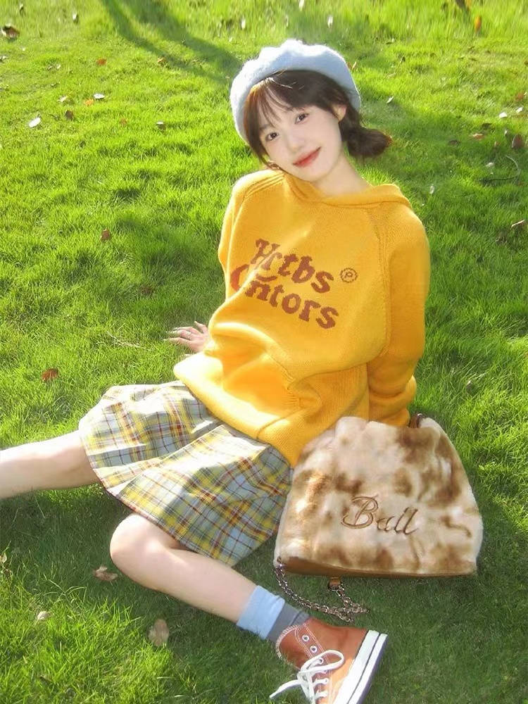 美式多巴胺連帽毛衣女2023秋冬新款寬鬆長袖針織衫軟糯學院風上衣