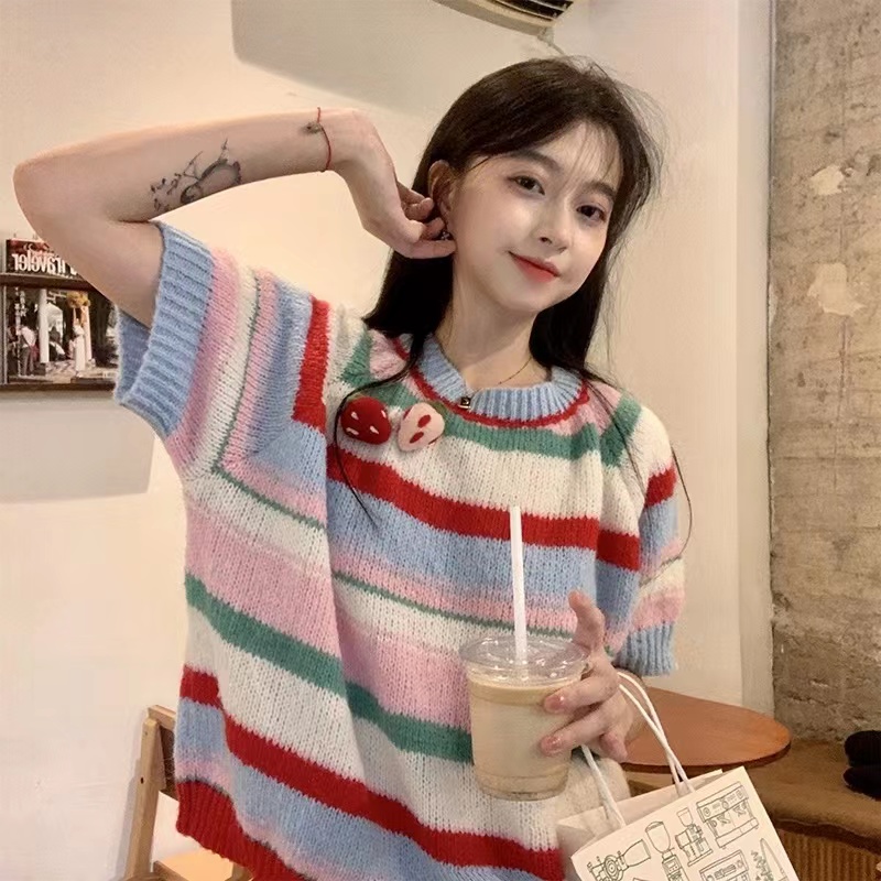 秋季2023新款甜美減齡圓領彩色條紋立體草莓寬鬆短袖針織衫上衣女