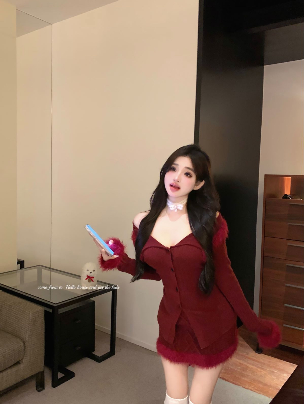 Real shot of red atmospheric knitted furry slim fit top and straight skirt suit