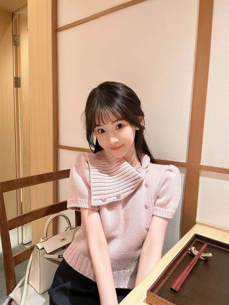 AN Maiden 韓系粉色減齡針織衫女秋冬不規則半高領斜邊扣修身上衣