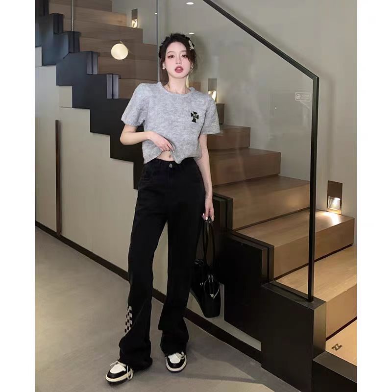 復古港風灰色高級感短袖針織衫女秋季內搭短款小個子辣妹t恤上衣