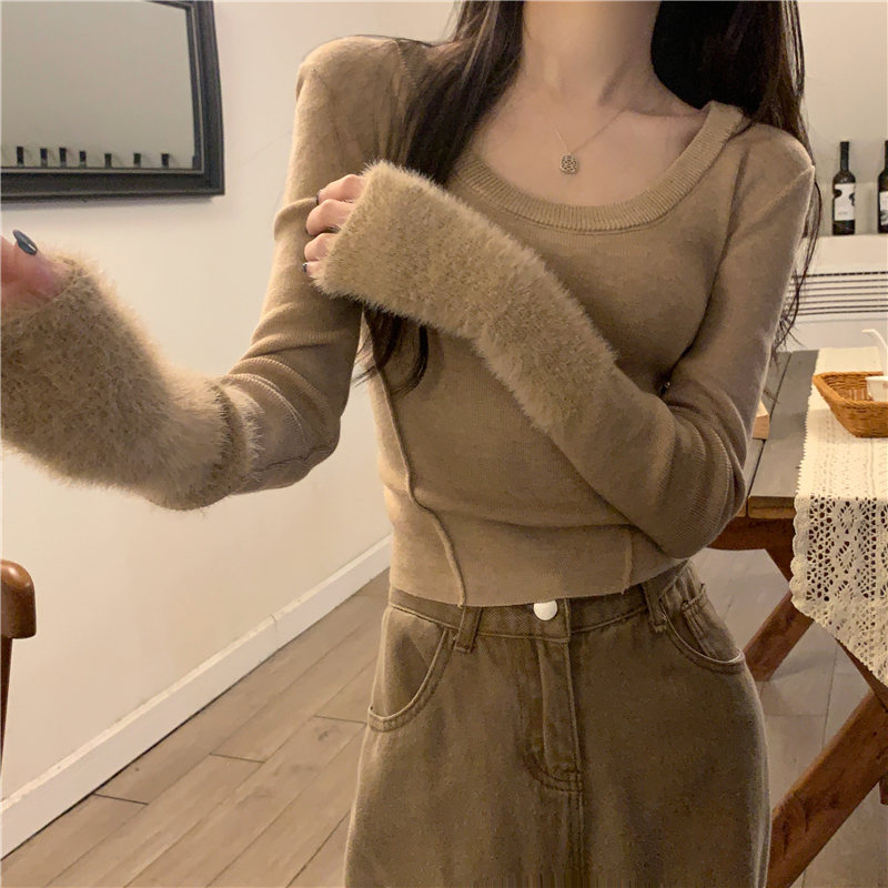 Real shot of new autumn and winter U-neck long-sleeved slim tops for women slimming knitted bottoming shirts