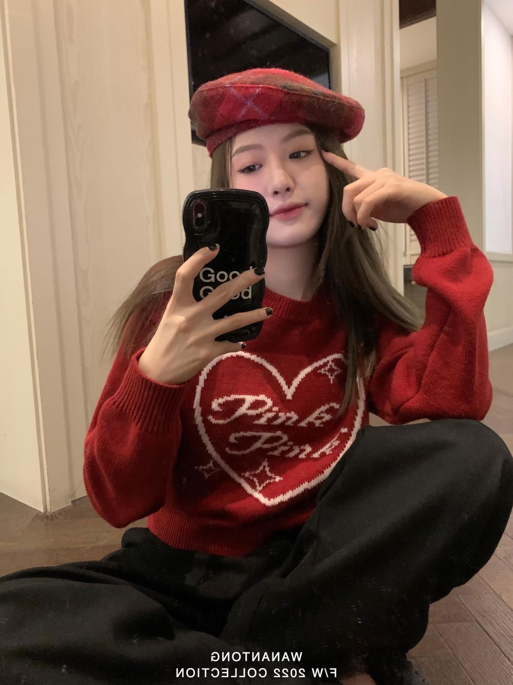 2024 Love letters embroidery atmosphere red sweater for women autumn and winter lazy pullover versatile wool bottoming sweater