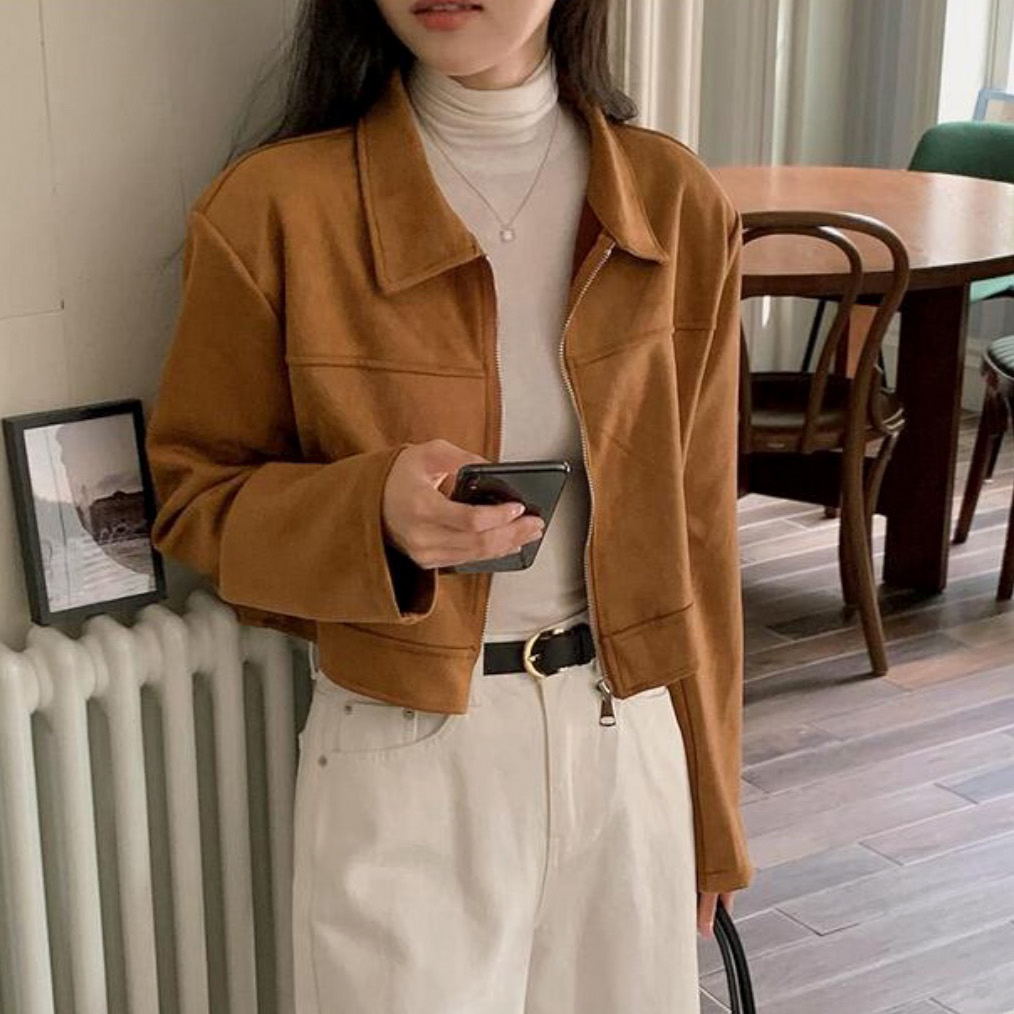 Korean style simple and versatile casual leather velvet jacket for women spring and autumn new style short top design niche jacket