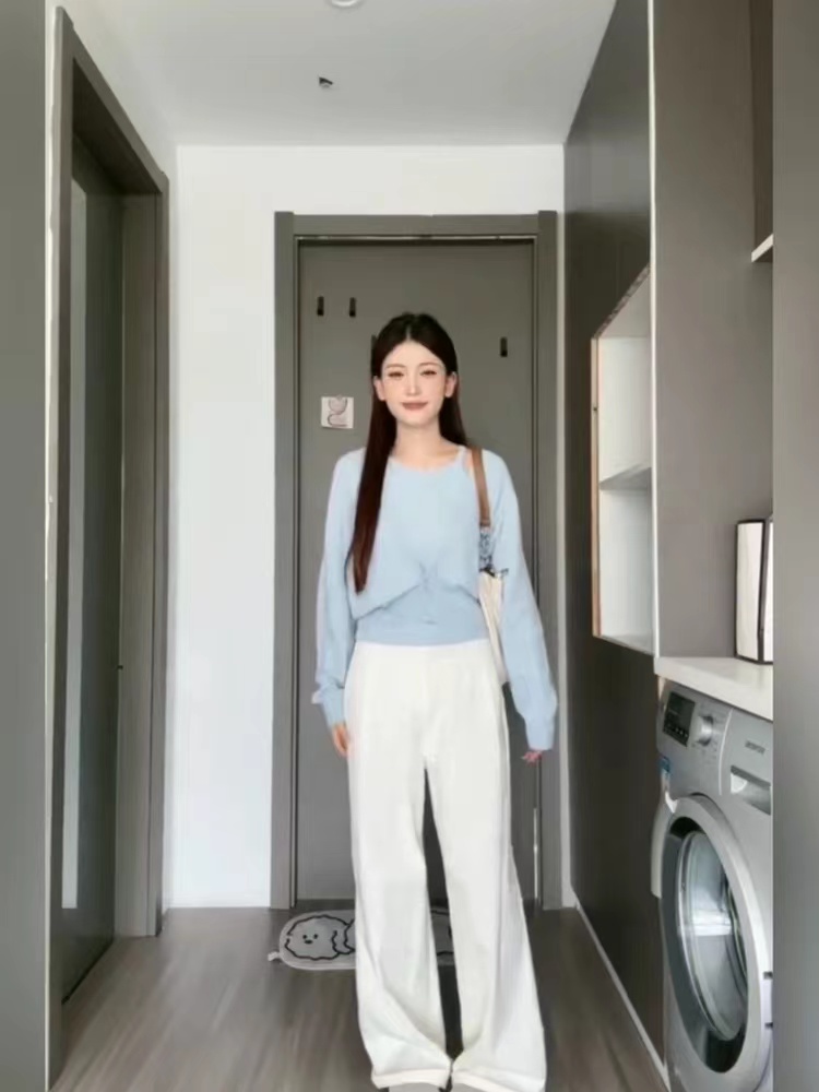淺藍色針織衫兩件套吊帶+開衫秋冬款純色簡約風洋氣減齡絕美套裝