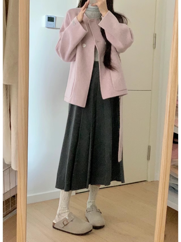 韓系高級感大衣女秋冬季新款短款小個子穿搭毛呢外套兩件套裝