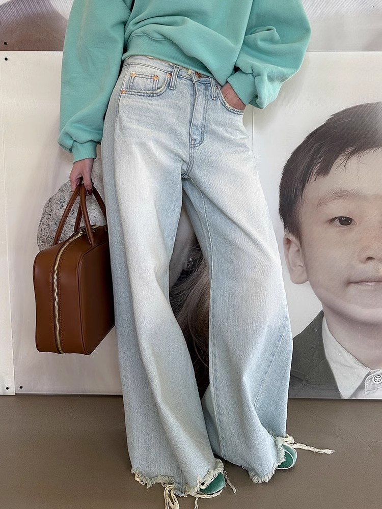 Salt style boyish cut-off raw-edge waistband wide-leg jeans