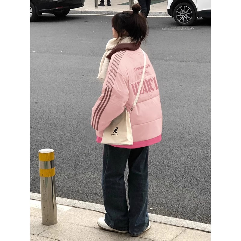 高品質小牛津面料手塞棉加厚冬季新款寬鬆印花棉衣棉服麵包服女