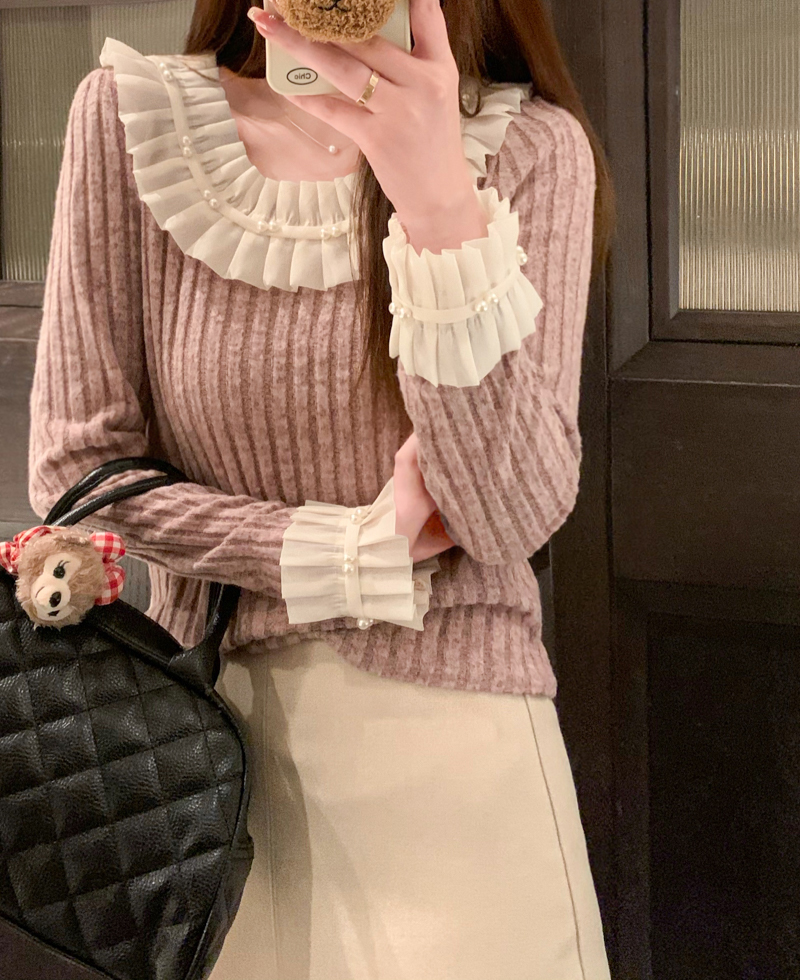 Real shot lace splicing sweater tops women's winter slim round neck sweater bottoming shirt T-shirt
