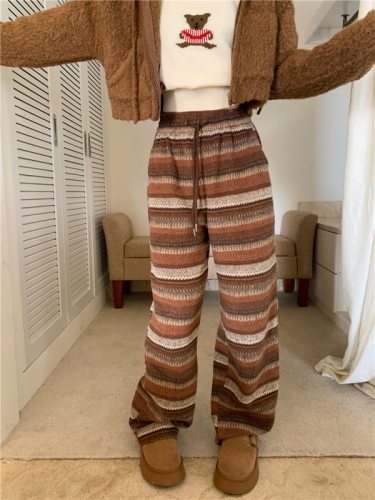 Actual shot of Maillard striped high-waist slim loose woolen thickened casual straight wide-leg pants