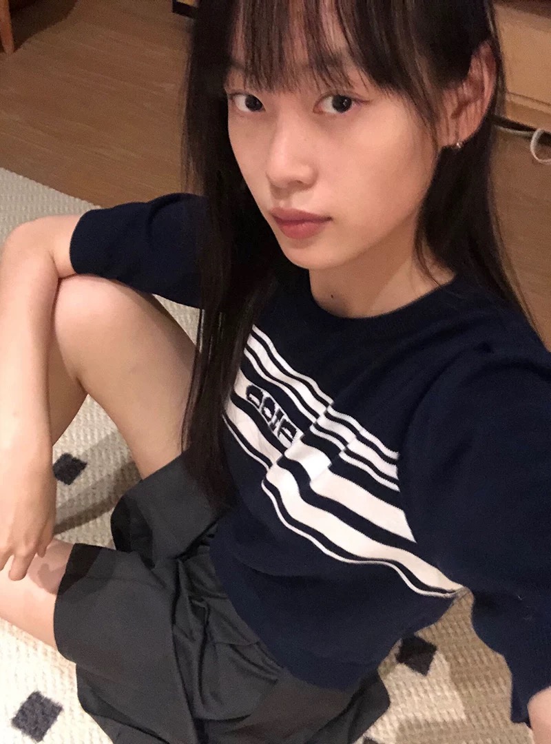 美式超好看藏青色字母針織衫短袖t恤女夏季設計感獨特百搭上衣潮