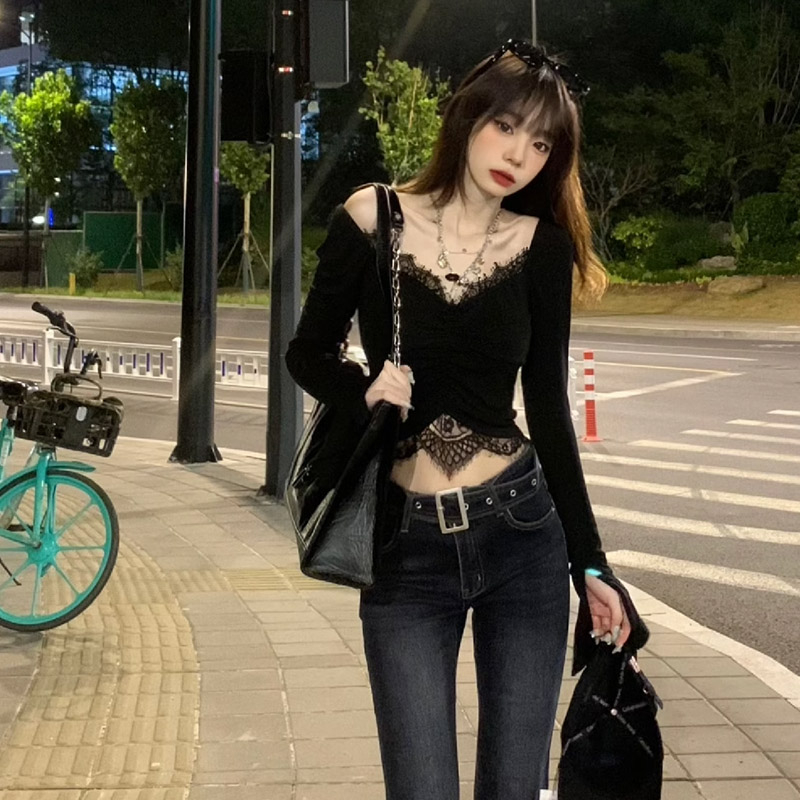 純欲風長袖打底衫T恤女秋冬辣妹性感蕾絲拼接短款上衣