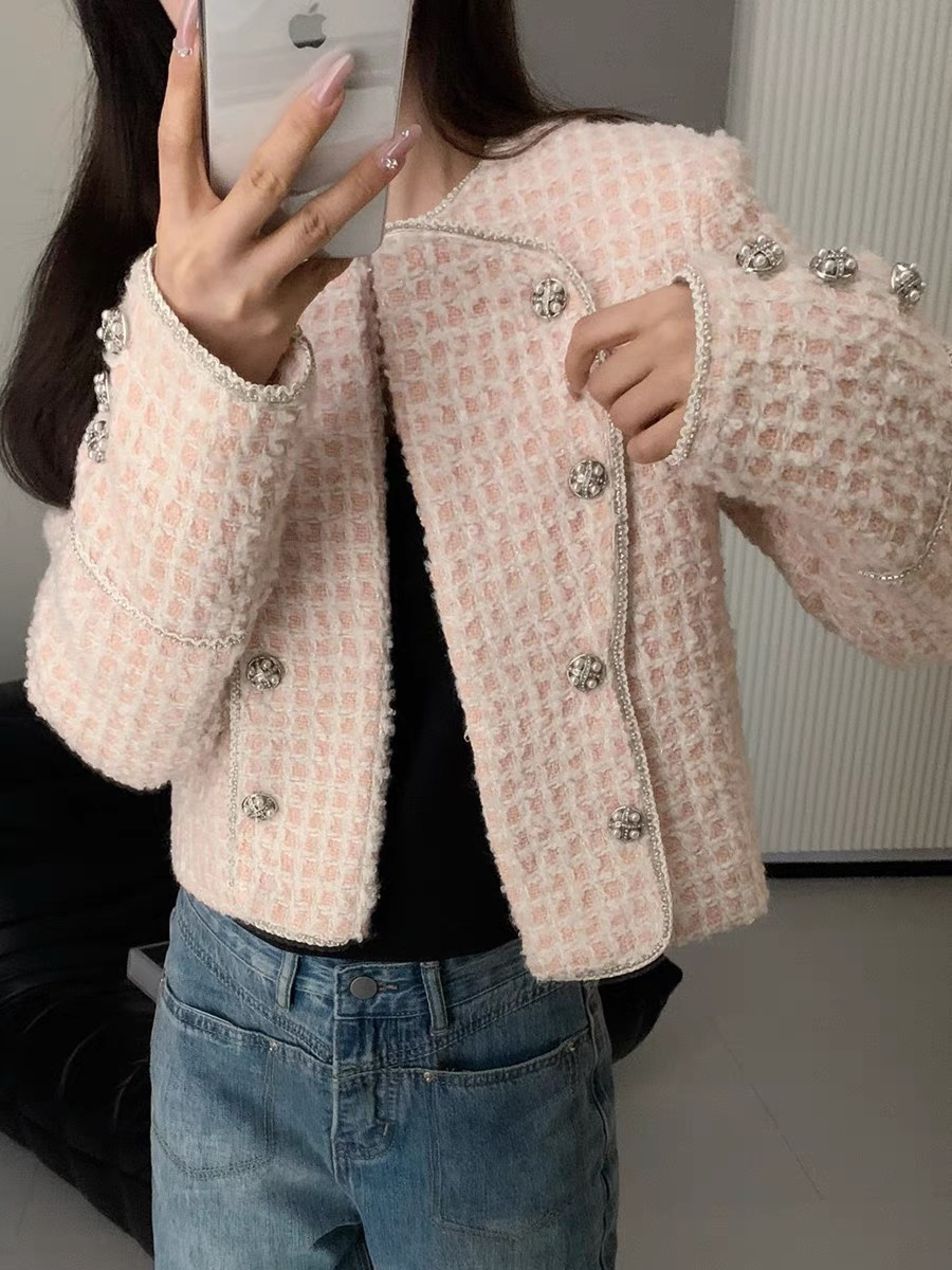 Drill edge woven tweed small fragrant style short coat 2023 winter lapel plaid lady pink loose clothes for women