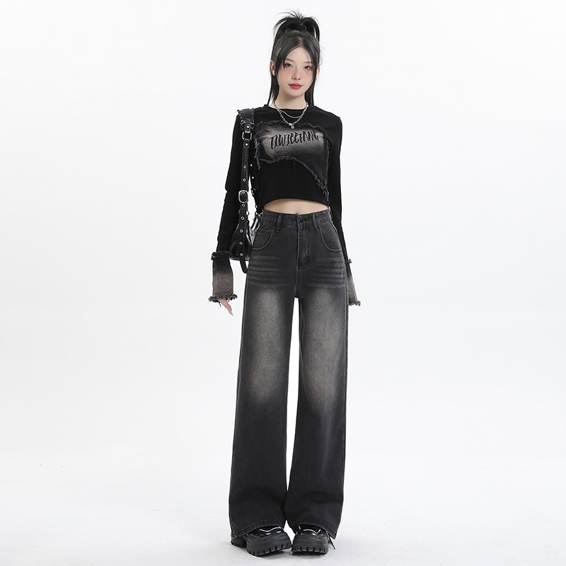 實拍~2024春秋黑灰高腰闊腿牛仔褲女寬鬆新款美式垂感顯瘦直筒褲