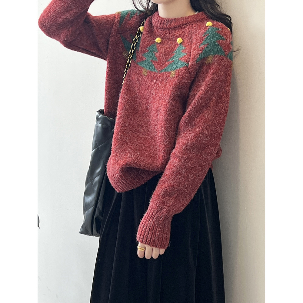 Real shot ~ Christmas tree atmosphere soft and waxy round neck sweater for women 2023 winter new lazy sweater