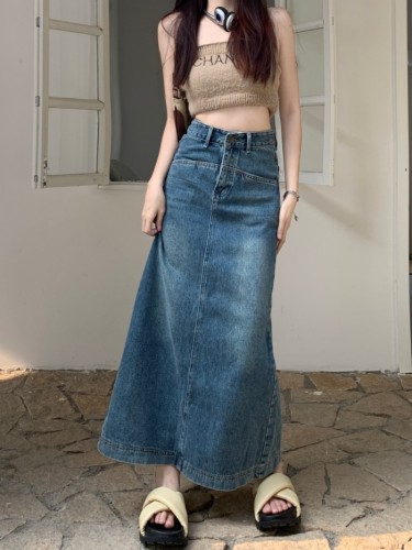 Actual shot of high-waisted denim skirt, A-line slit at the back, loose long denim skirt