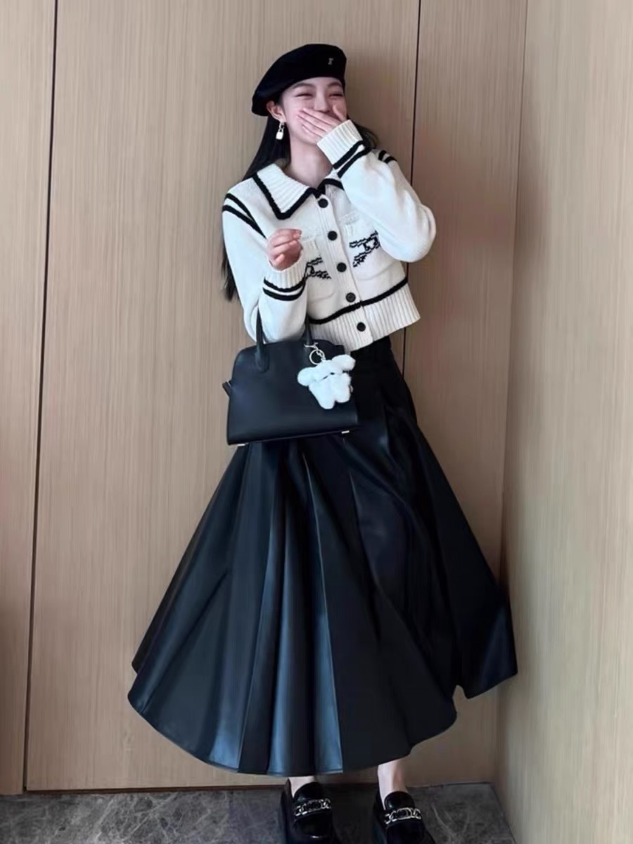 Nancy小景家 溫柔千金 復古粗針羊毛 撞色邊提花小香針織開衫毛衣