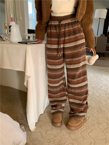 Actual shot of Maillard striped high-waist slim loose woolen thickened casual straight wide-leg pants