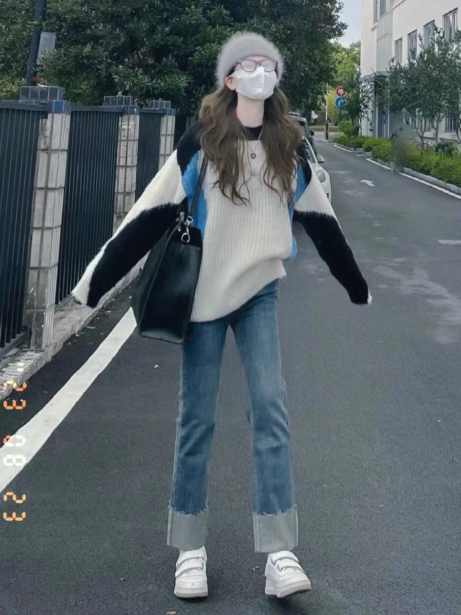 美式復古毛衣女秋冬撞色拼接圓領軟糯針織衫oversize慵懶風上衣