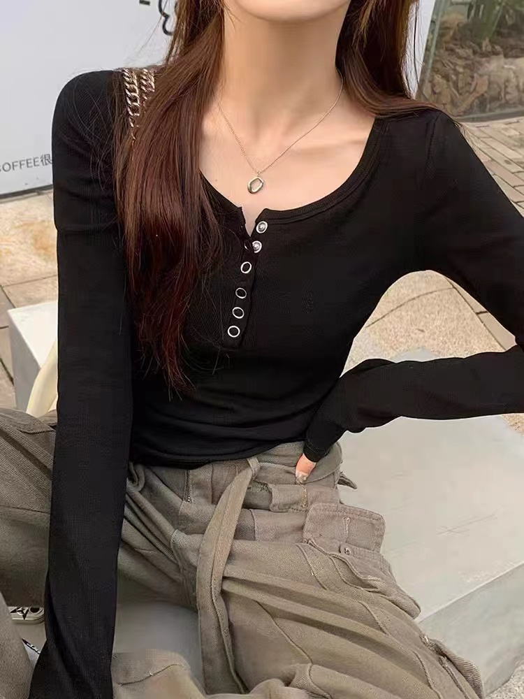 2024 Autumn and Winter Half Open Collar Buttoned Pure Cotton Long Sleeve T-Shirt Women's Square Neck Collarbone Tight Short Bottoming Top
