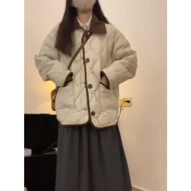 夾棉含內里羽絨服女撞色翻領菱格麵包服外套女