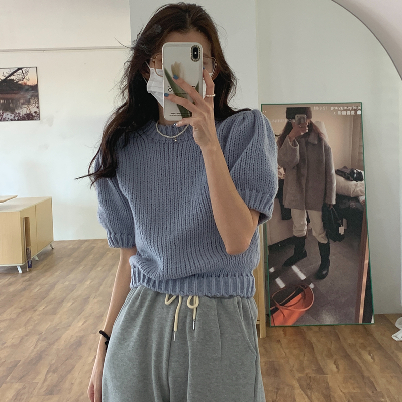 Real shot retro niche early spring puff sleeve short knitted sweater top sweater
