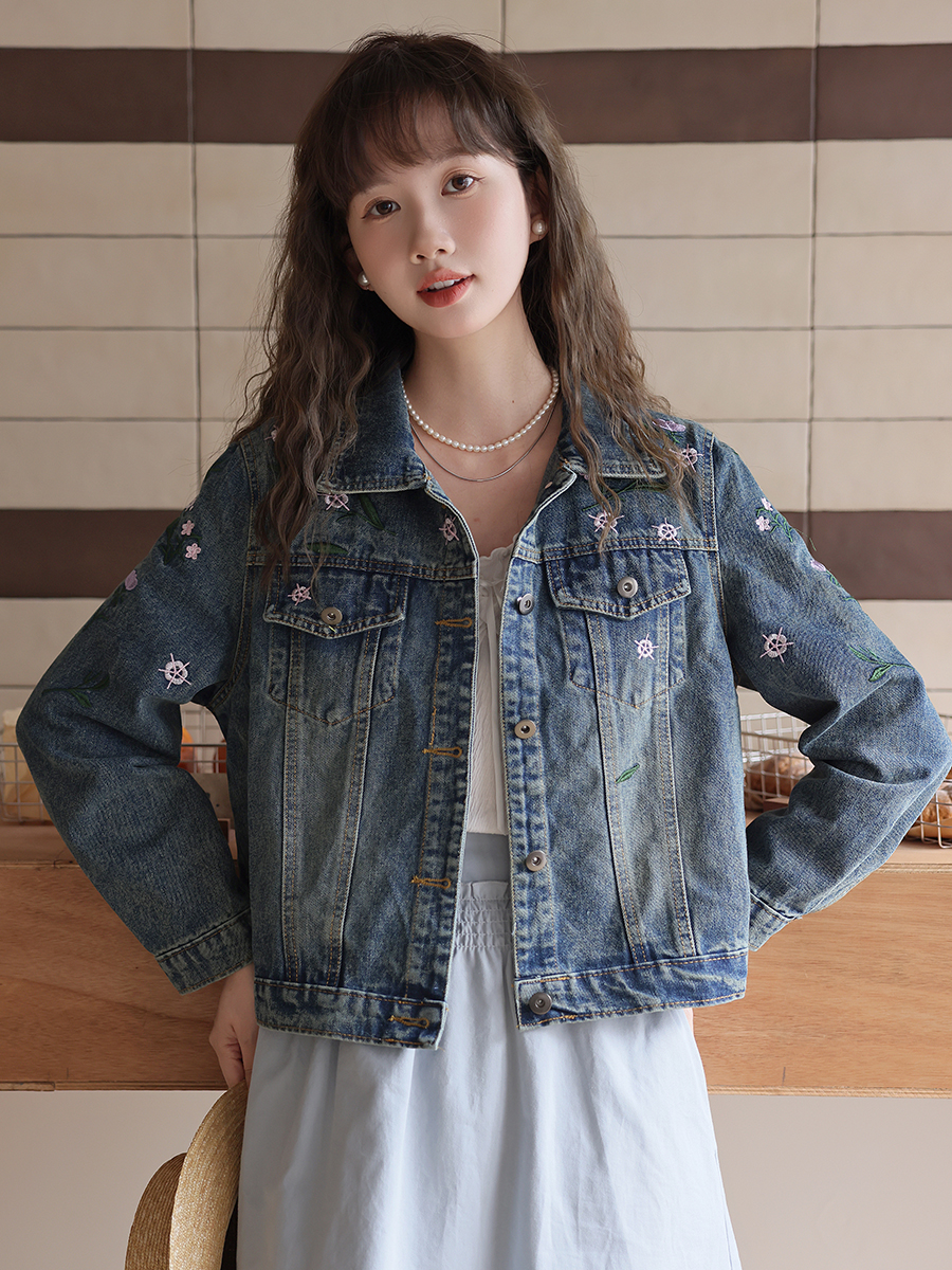 實拍2024春季新款 復古百搭刺繡牛仔短外套女繡花牛仔衣上衣