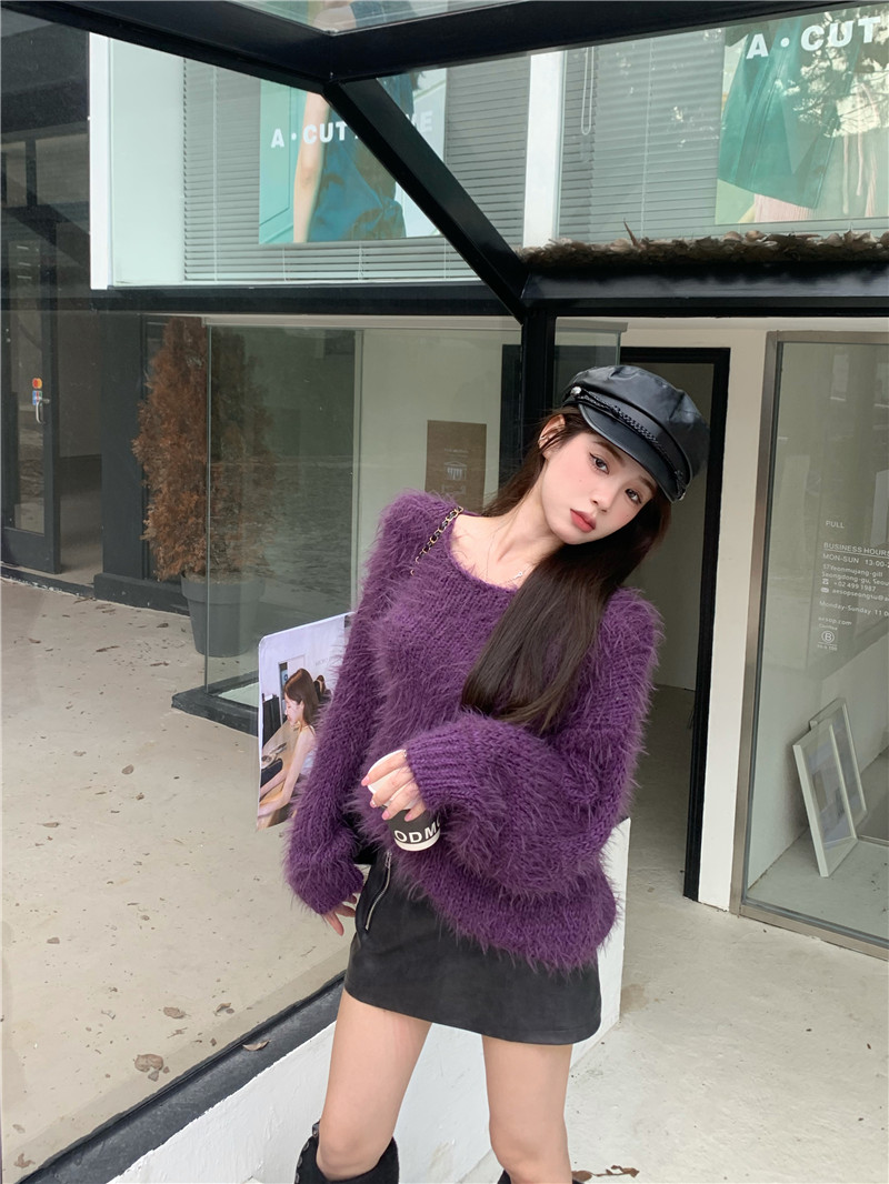 Actual shot ~ Plush, soft and waxy imitation mink fur purple off-shoulder sweater autumn and winter new loose knitted top