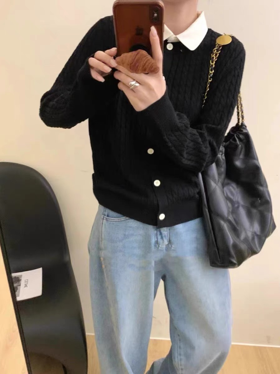 時尚POLO領撞色單排扣羊毛針織開衫韓系秋冬季麻花設計感慵懶毛衣