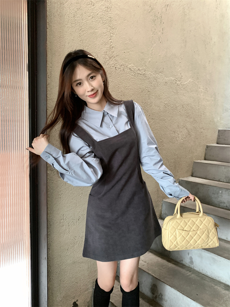 Actual shot of slimming two-piece French high-waisted dress, high-end and temperament suspender skirt + shirt
