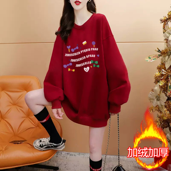 網圖 秋冬韓版寬鬆複合300克銀狐絨400克紅色拜年服加絨衛衣女
