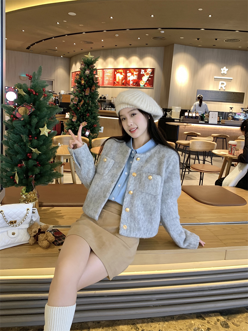 實拍~ 藍色襯衫燈芯絨短裙兩件套女設計感灰色夾棉外套