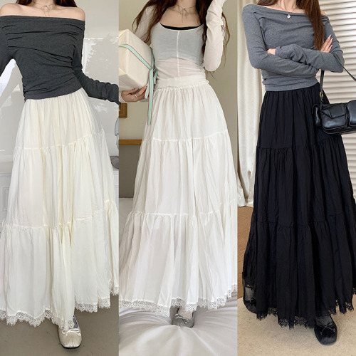 Actual shot ~ 2024 new Korean style pleated long skirt with spliced ​​lace and large hem skirt