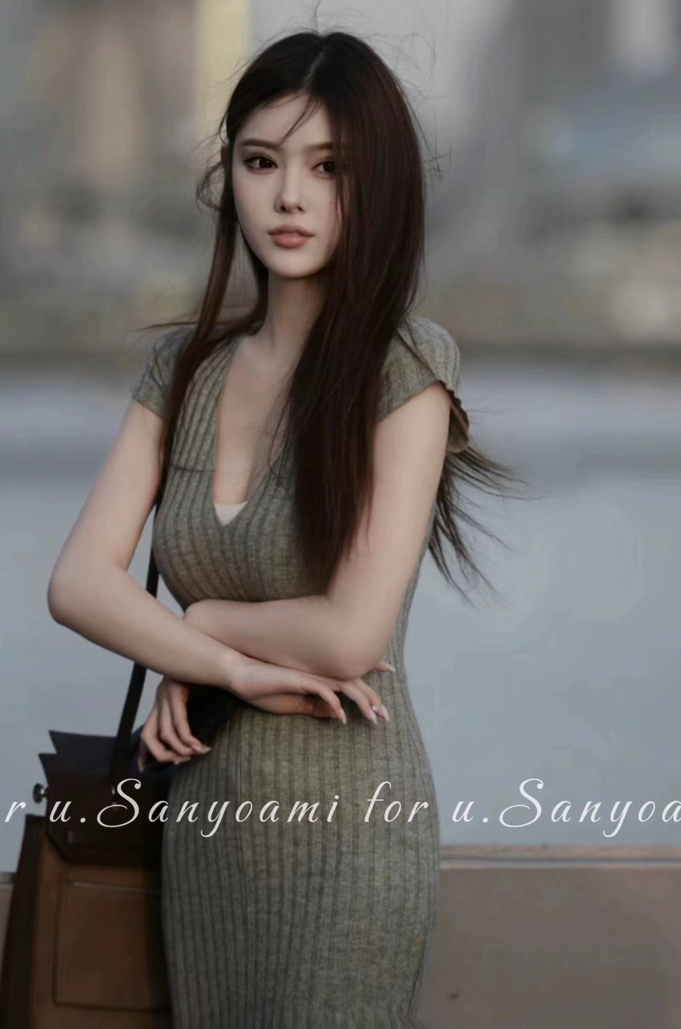 SanyoAmi低調有錢～*v領灰色修身短袖開衩針織連衣裙收腰包臀裙